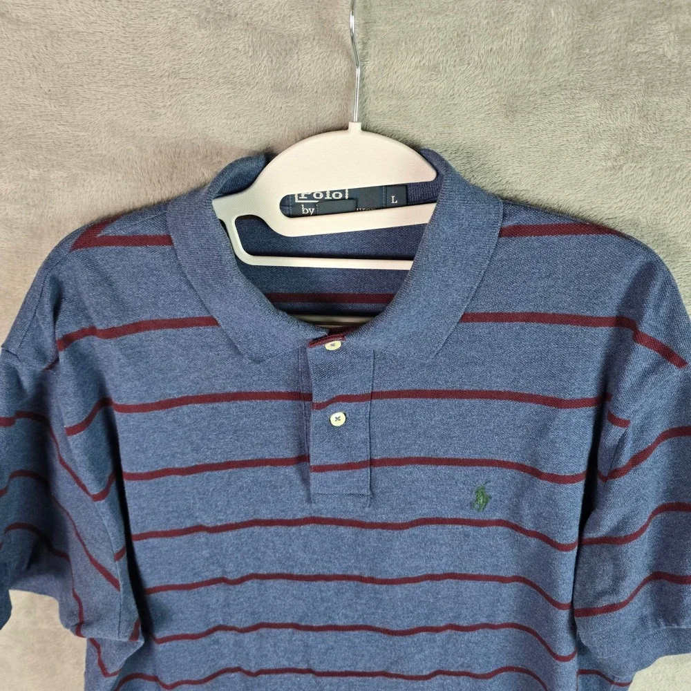Polo Ralph Lauren Mens Large Blue Burgundy Striped Cotton Pique Polo‎ Shirt L